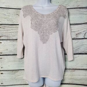 Studio Y Women's Small Cream Knit Top Lace Embroidered Front & Tie Back 3/4 Slee